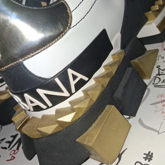 Dolce & Gabbana Black and White Sneakers with Gold Accents